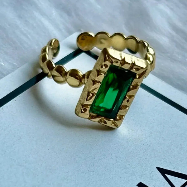 Green Stone Golden Adjustable Ring